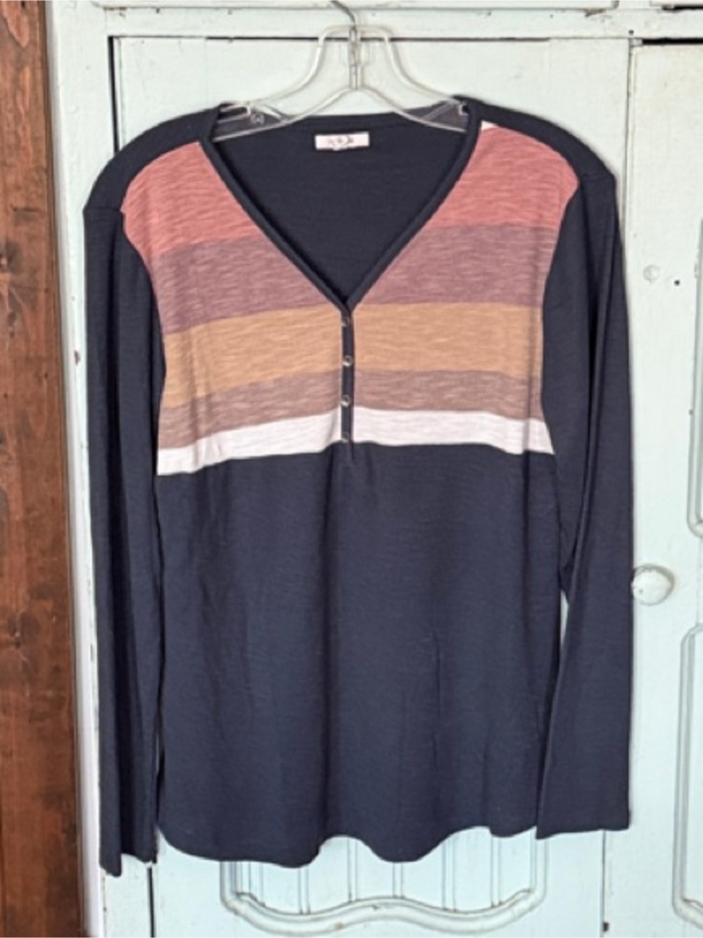 Women’s Waffle Knit Henley Top in Navy with Multicolor Stripes